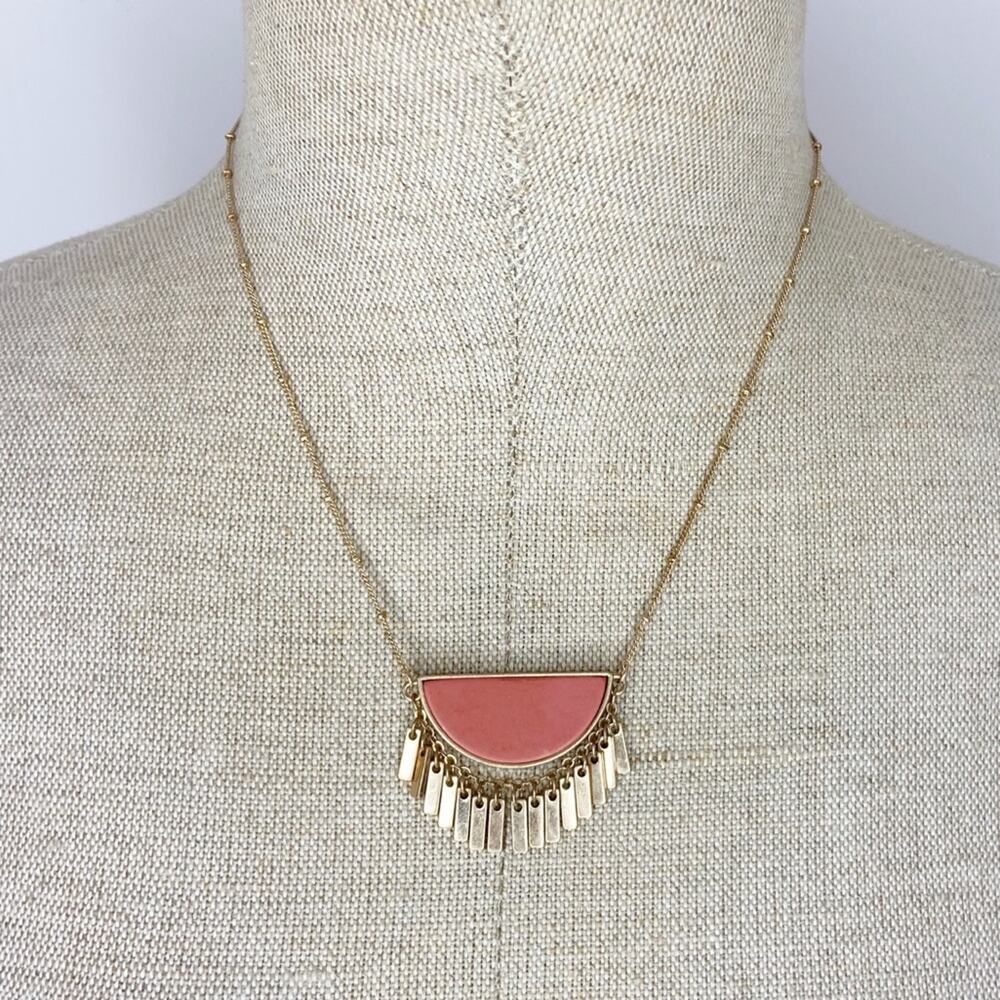 Coral And Gold Tone Fringe Necklace